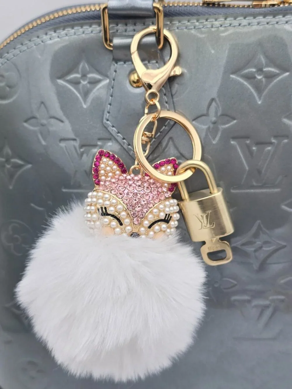 LV Authentic Gold Padlock 🔒 Key Set w/ Unbranded Fox Pom-pom Keychain Charm
